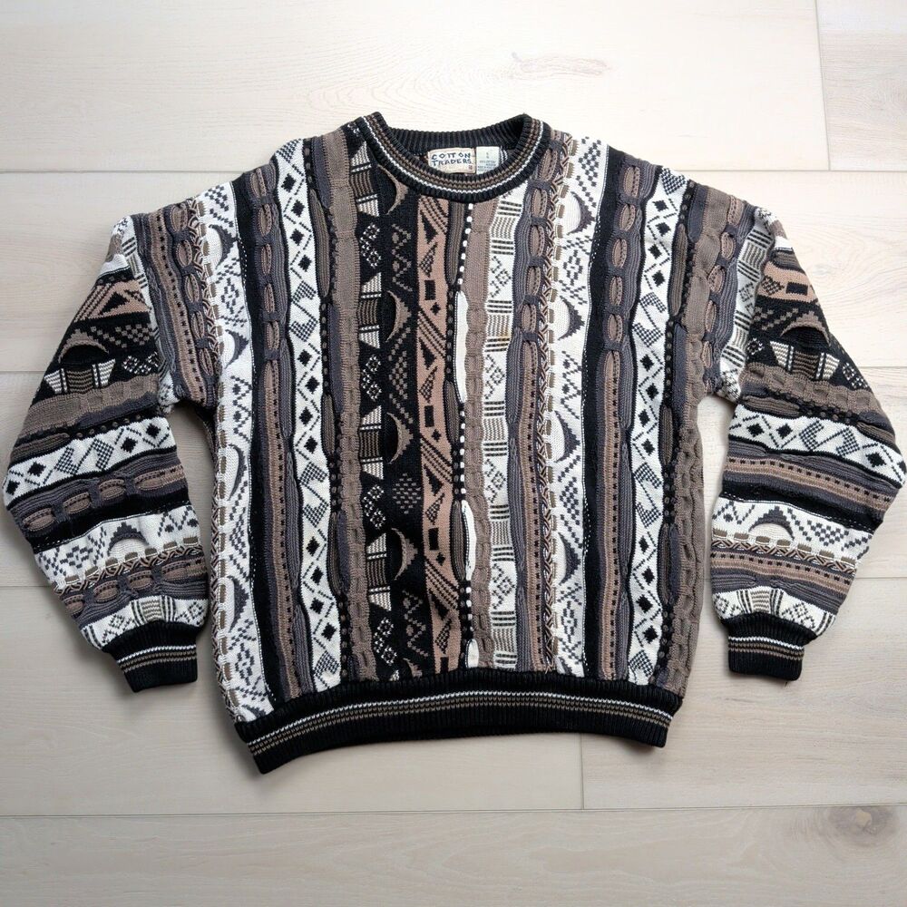 Vintage Cotton Traders 90s Coogi Style Sweater Mens L 3D Knit Texture Multicolor